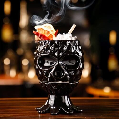 Hawaii Ceramic Tiki Mug Deep Black Skull Octopus With Lid Pineapple Molecular Cocktail Porcelain Beer Wine Mug Cup Bar Tool