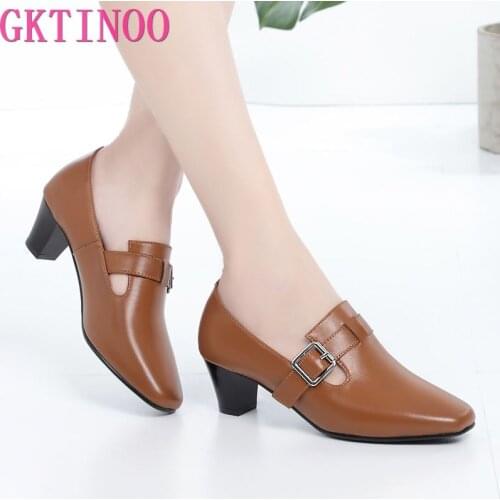 GKTINOO Genuine Leather shoes Women Square Toe Pumps Sapato feminino Med Heels Big Size 41 42 43 Fashion Causal Women Shoe