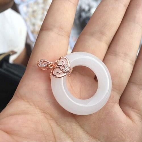 Fine Natural White Jade Rose Gold Embroidery Pendant Blessing Lucky Necklace Women Men Jewelry