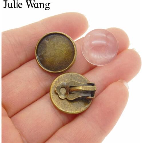 Julie Wang 2 Pairs Clip Earrings Antique Color Alloy Ear Clip Cabochon Setting Tray Bezel With Glass DIY Women Girls Jewelry