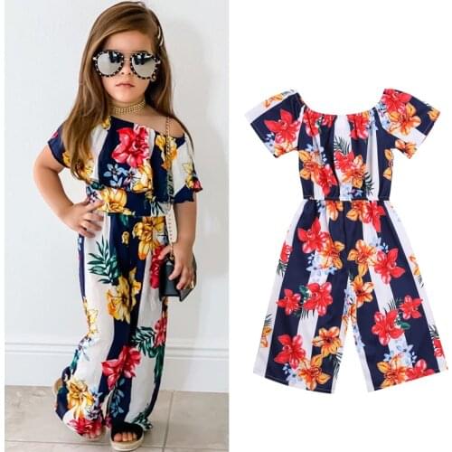 FOCUSNORM 1-6Y Fashion Summer Baby Girls Jumpsuits Off Shoulder Short Sleeve Flowers Striped Printed Playsuits