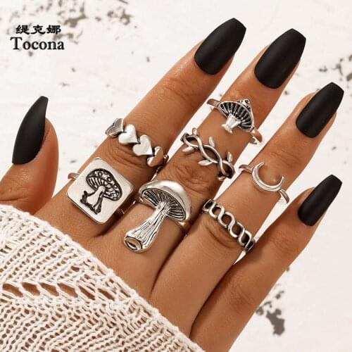Tocona 7pcs/sets Vintage Silver Color Moon Mushroom Joint Ring Sets for Women Charms Heart Party Jewelry Accessories 19644