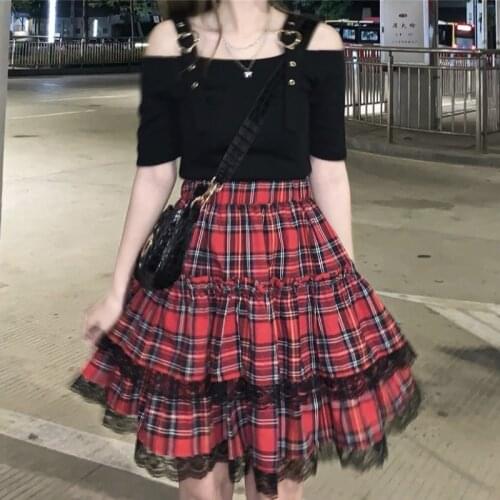 Korean Sweet Salt Heart Buckle off-Shoulder Short Sleeve T-shirt Ruffled Plaid Tiered Skirt Womens Suit Summer lolita clothes
