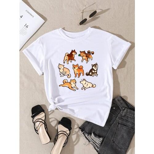 Adorable Shiba Inu Dogs Cartoon Print Womens Tshirt Leisure Style Tops Fashion Soft Tshirts Spring Breathablewomens T-shirt
