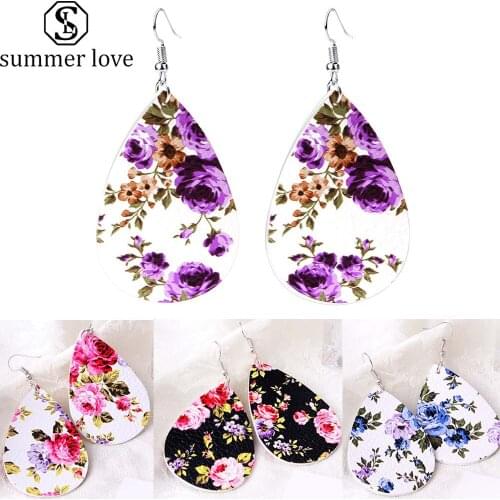 Fashion Rose Flower Double Sided Print Teardrop Leather Earrings for Women Genuine Leather Bohemian Earrings Korean Jewelry