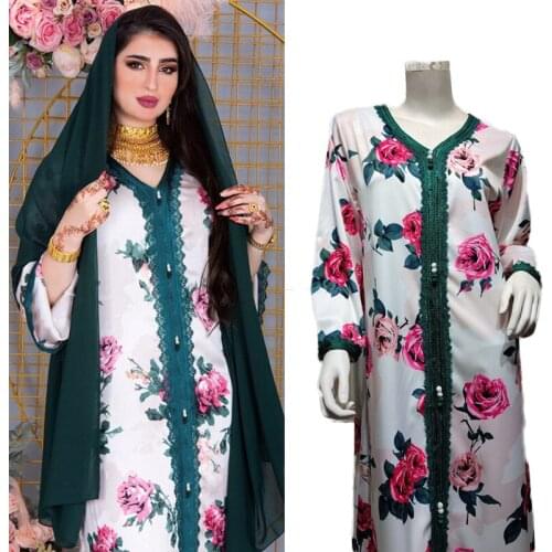 Muslim Fashion Abaya Dress for Women Islamic Floral Print Embroidery Kaftan Party Indian Dress Dubai Arab Clothing Hijab Dresses