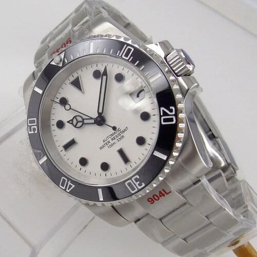 40mm Japan NH35/Miyota8215 Sapphire Mens Automatic Watch White Face Date Cyclops Oyster Band Ceramic Rotating Bezel Insert