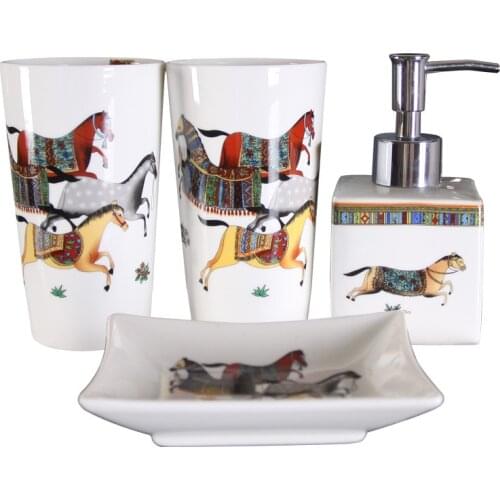 Bathroom Accessories Set Ceramic Soap Dispenser Toothbrush Holder Gargle Cup Soap Dish With Bamboo Tray Wedding Birthday Gifts