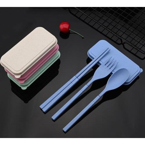 Portable Wheat Dinnerware Spoon Fork Chopsticks Set Foldable Folding Flatware Cutlery Set With Box Picnic Camping Tableware Set