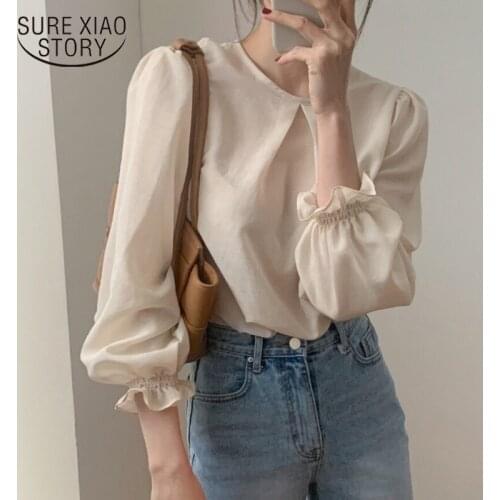 Spring New Blusas Mujer Chic Long Sleeve O- Neck Elegant Chiffon Blouse Fashion Women Solid Color Loose Slim Ladys Shirt 13333