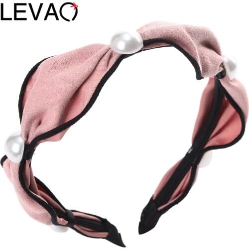 LEVAO Handmade Fabric Pearl Headband Bow Hair Band Women Head Band Lady Girls Head Hoop Solid Color Hair Accessories 2021 Autumn