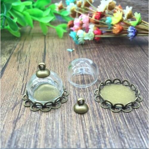 20sets/lot 15mm diy glass globe dome with antique bronze double lace base cap finding glass vial pendant hollow glass necklace