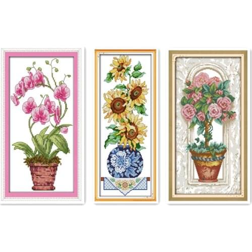 Joy Sunday Beautiful flowers pink phalaenopsis sunflower rose flower pot hand-stitched casual look good hand embroidery