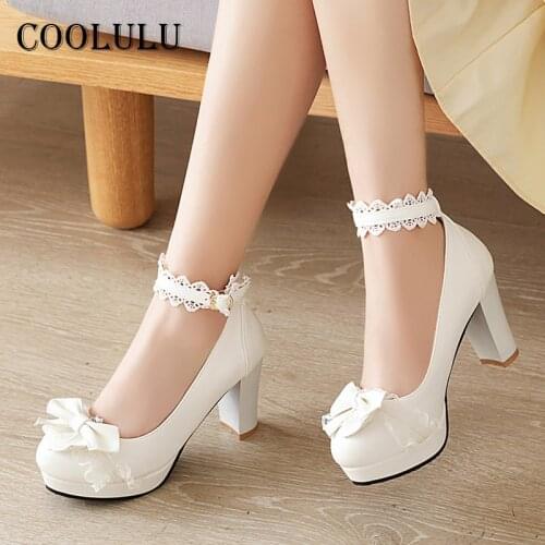 COOLULU Ankle Strap Women Shoes Pltaform Extreme High Heels Bow Buckle Thick Heel Pumps Cospaly Lolita Style Footwear Female 47