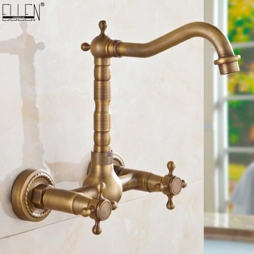 Vidric Wall Mounted Kitchen Sink Faucet Dual Handle Antique Brass Bronze Hot and Cold Swivel Kitchen Faucets EL1310