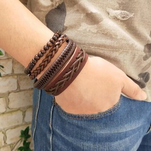 Vintage Leather Bracelets Wooden Beads Multi-layer Wrap Bracelets Woven Multilayer Boho Bracelet Handmade Jewelry Dropship