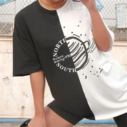 Gothic Black White Patchwork Tee Shirt Femme Oversized T Shirt Women 2021 Summer Causal Loose Letter Print Graphic Tops T-shirts