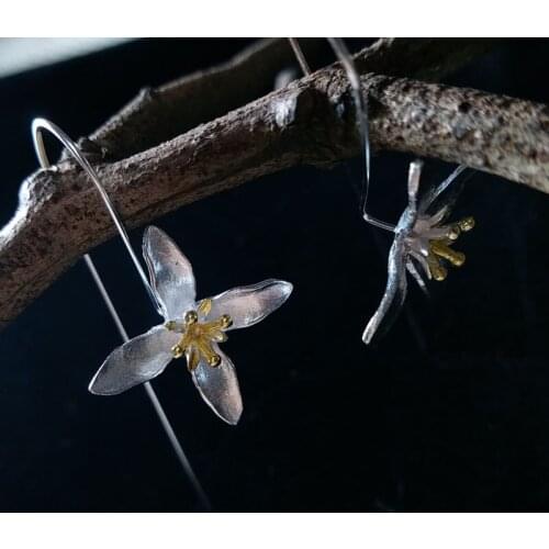 Elegant floral 100% pure 925 sterling silver earrings Retro flower handmade silver hook earrings for women girls jewelry gift