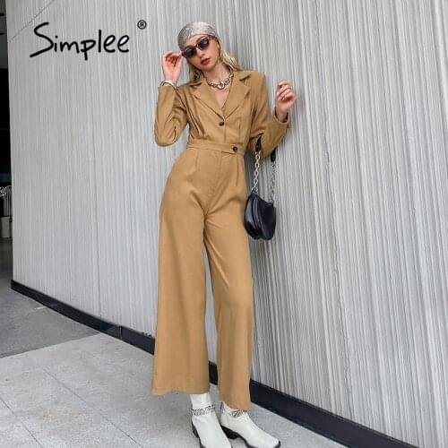 Simplee High street v-neck high waist women jumpsuit Female casual pocket buttons cargo jumpsuits solid Office notched overalls