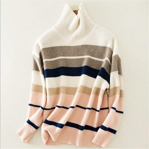 100% goat cashmere striped knit women fashion half high collar pullover sweater M/L