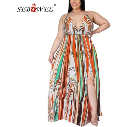 SEBOWEL Plus Size Deep V Halter Slit Gradient Floral Woman Bohemian Long Dress Female Sexy Backless Oversize Scling Maxi Dress