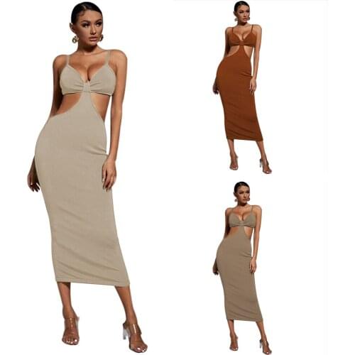 2021 Women Summer Sexy Open Back Elegant Party Cocktail Bodycon Dress Spring Hollow Out Spaghetti Strap Plain Color Maxi Dress