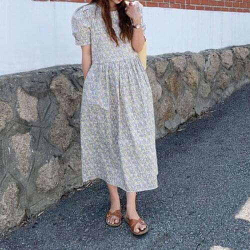 Floral Dresses with Bubble Sleeve Elegant Party Dress Korean Casual Summer Dress Woman Short Sleeve Dress Soft Robe Femme 15092