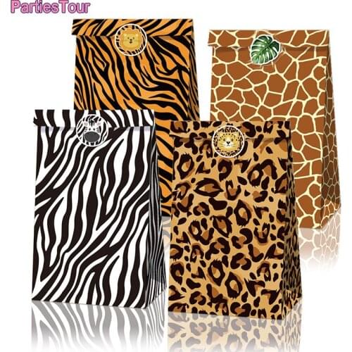 2X Jungle Safari Animal Leopard Print Party Favor Bags Kraft Paper Gift Bag Goodie Candy Bags Forest Themed Birthday Party Decor