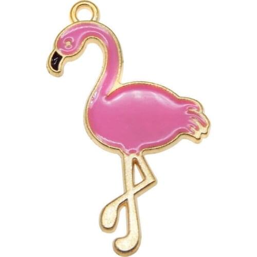 Julie Wang 5PCS Enamel Rose Red Flamingo Charms Bird Animal Bracelet Necklace Earring Alloy Gold Tone Jewelry Making Accessory