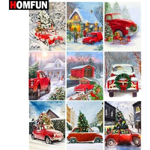 HOMFUN 5D DIY Full Diamond Embroidery "Christmas landscape car" Diamond Painting Cross Stitch Rhinestone Home Decoration