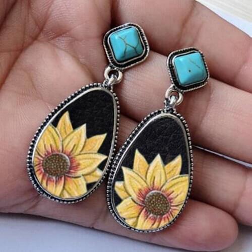 Bohemia Sunflower Dangle Earrings For Women Chunky Waterdrop Pendant Earrings Geometric Stone Chandelier Drop Earrings