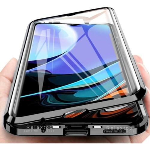 Redmy 9 t case 360° full cover metal frame magnetic flip for xiaomi redmi 9t 6.53' double-sided tempered glass protective coque
