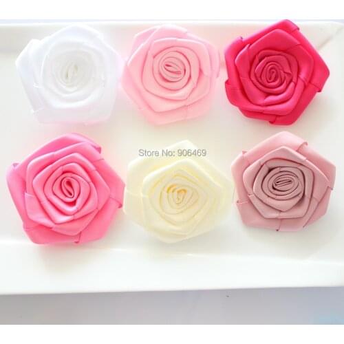 DIY 7cm Rose Flower ribbon Flower satin hair Flower Flat Back for girl kids 100pcs