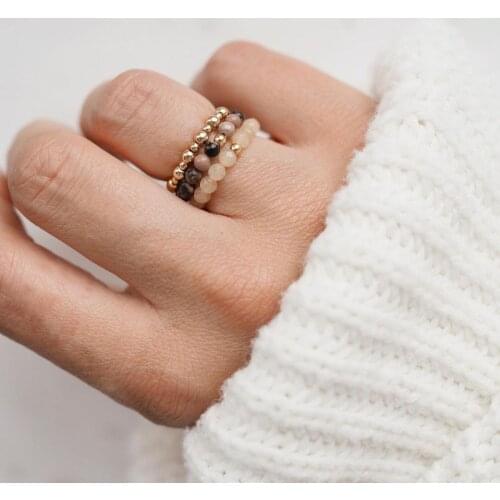 Bohemian Ring Set Natural Stone Pink Crystal Red Pattern Gold Stainless Steel Bead Elastic Rope Rings for WomenParty Gift