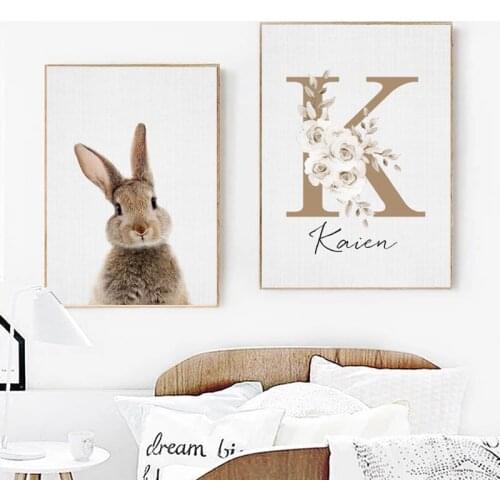 Personalized Poster Baby Name Custom Canvas Painting Nursery Print Pictures Bunny Rabbit Wooden Wall Art for Girls Bedroom Decor
