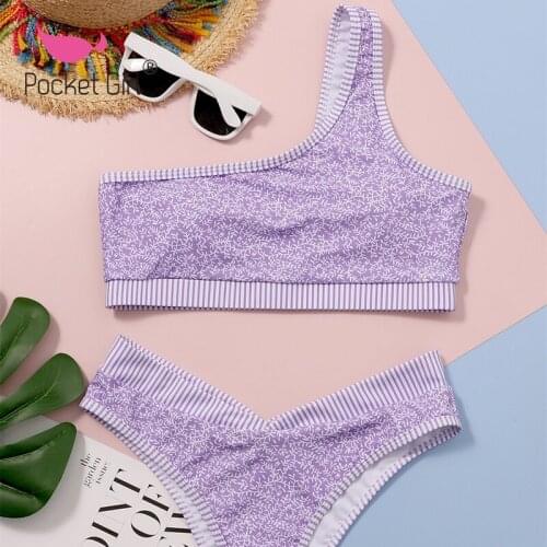 Pocket Girl 2021 One Shoulder Bikini Set Sexy Swimwear Women Swimsuit High Waist Bathing Suit Beachwear Print Biquini female