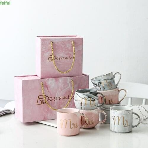 Luxury Pink Gold Mr Mrs Ceramic Marble Coffee Mug Cup Wedding Bridal Couples Lovers Gifts Mug Porcelain Milk Tea Breakfast Cup