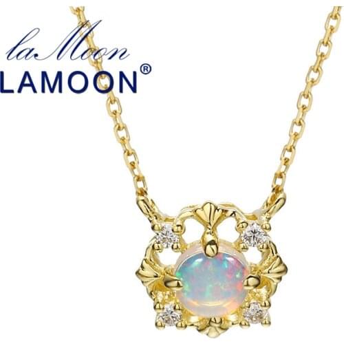 LAMOON 925 Sterling Silver Oct Birthstone Natural Opal 14K Gold Plated Crystal Pandent Necklace Fine Jewelry for Women LMNI119