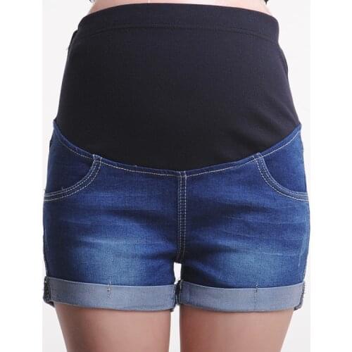 Summer Women Maternity Shorts Jean Over The Belly Stretch High Rise Comfy Blue Distressed Pregnancy Shorties