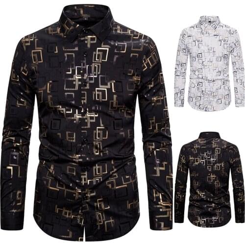 Mens Shirt Long Sleeve Turn Down Collar Cardigan Bronzing Stretch Shirt Casual Single Breasted Night Club Type Print Tops