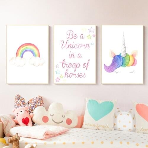 Nordic Poster Pink Unicorn Wall Canvas Art Rainbow Canvas Painting Watercolour Nursery Decor Picture Wall Prints Girls Baby Room
