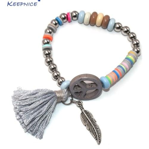 New See Beach Handmade Bohemia Jewelry Colorful Femo Beads Bracelets Tassel Charm Bracelets Peace Symbol Beaded Bracelets