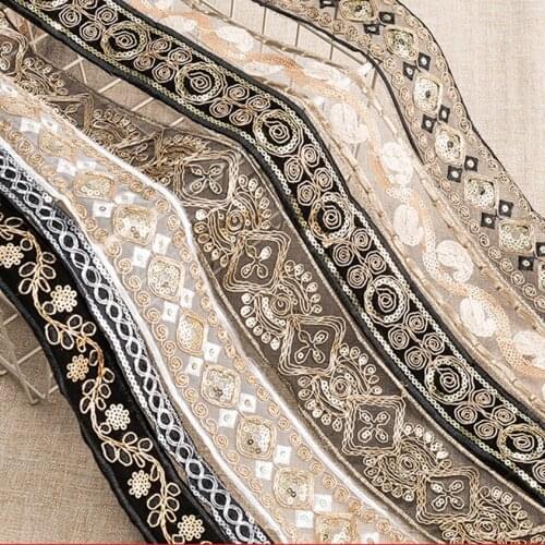 New style 5Yards Golden Filigree Bedding Curtain Floral Laciness National Jacquard Ribbon Embroidery Webbing with Sequins