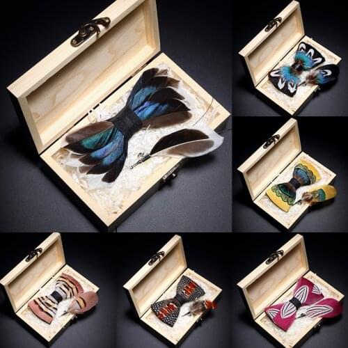 Ricnais Original Birds Feather Bow Tie Natural Hand Made Bowtie Brooch Wood Gift Box Set For Men Business Wedding Accessories