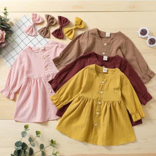 Fall Girls Casual Dresses Kids Casual Outfit Solid Color Long Sleeves Single-Breasted Dress Bow Hair Clip for Girls