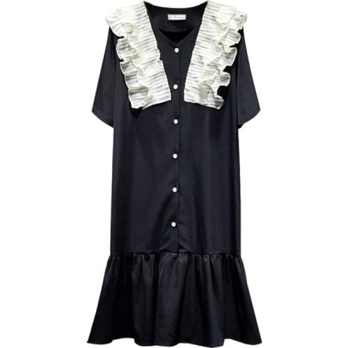 PERHAPS U Women Black Green V Neck Button Ruffle Patchwork Knee Length Sweet Dress D1166
