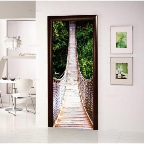 Self Adhesive 3d Door Stickers Suspension Bridge Landscape Waterproof Wallpaper Home Decor Picture Art Renovation Living Room