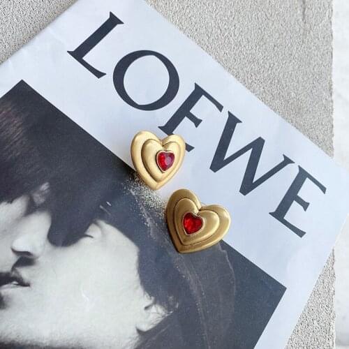 SRCOI New Retro Distressed Heart-Shaped Stud Earring Women Simple Temperament Red Green Glass Rhinestone Earring Jewelry
