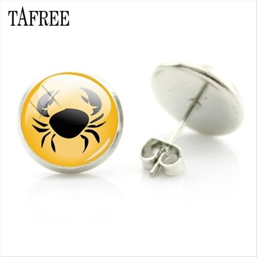 TAFREE 12 Zodiac Cancer Picture Glass Cabochon Stud Earring Christmas present Earrings Women Jewelry New Year Gift XZ25