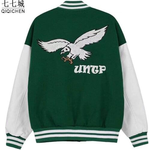 Street Baseball Jackets Men Women Hiphop Embroidery Eagle Patchwork Harajuku Varsity Jacket Women College Coats Couple 2021